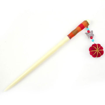Cattle Bone Hair Stick with Pumpkin Red 6.6 In